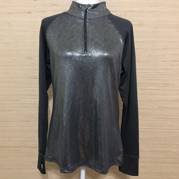 Material Girl Tops - Women's Metallic Silver Gray Long Sleeve Quarter Zip Lightweight Sport Large Top